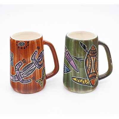 2 Australia Pottery Florenz Aboriginal Themed Tankards