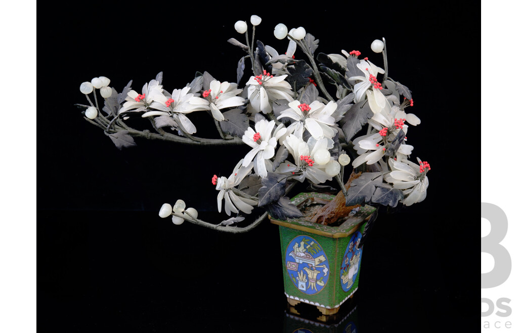 Chinese Blossom Tree with Stone Leaves in Cloisonne Planter