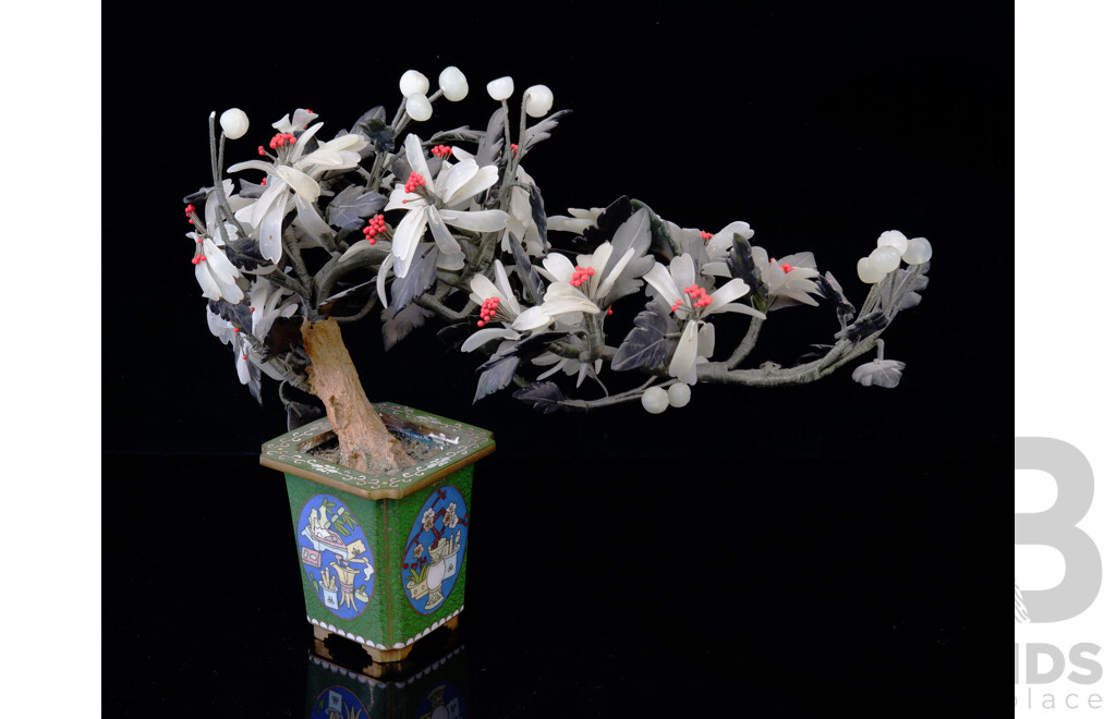 Chinese Blossom Tree with Stone Leaves in Cloisonne Planter