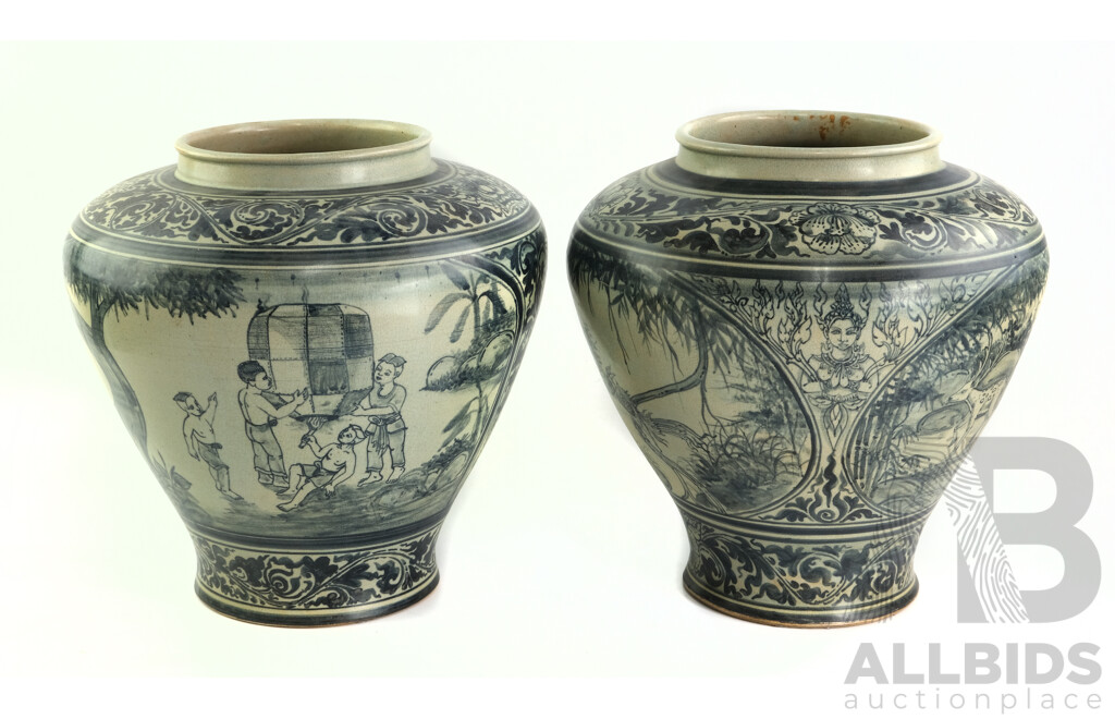 Pair Hand Painted South East Asian Blue Decorated Large Jars