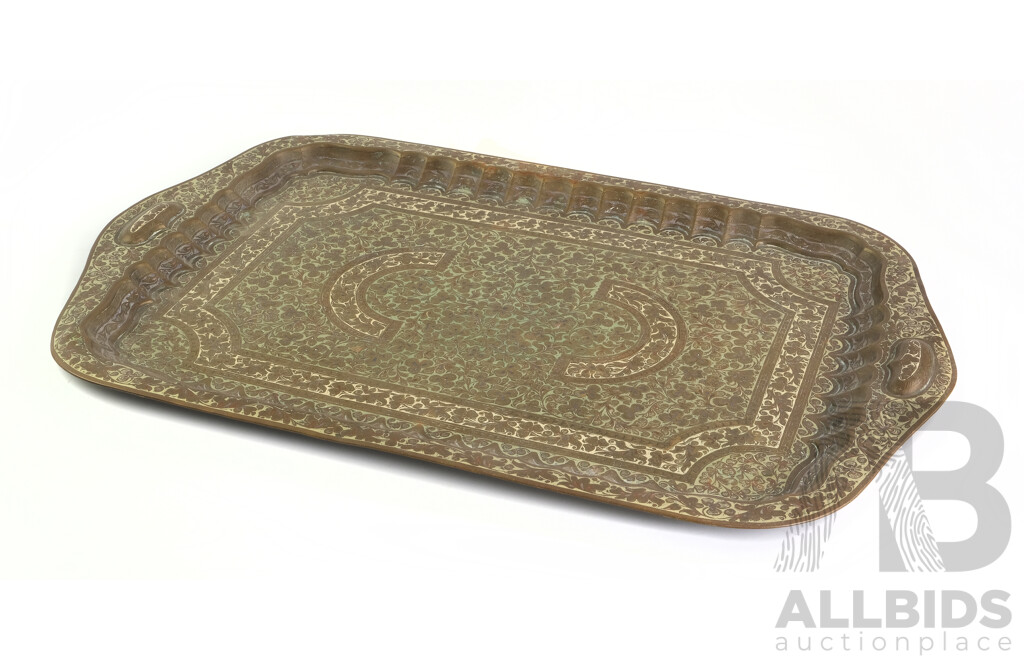 Antique Indian Benares Brass Tray with Lacquer Filled Engraving