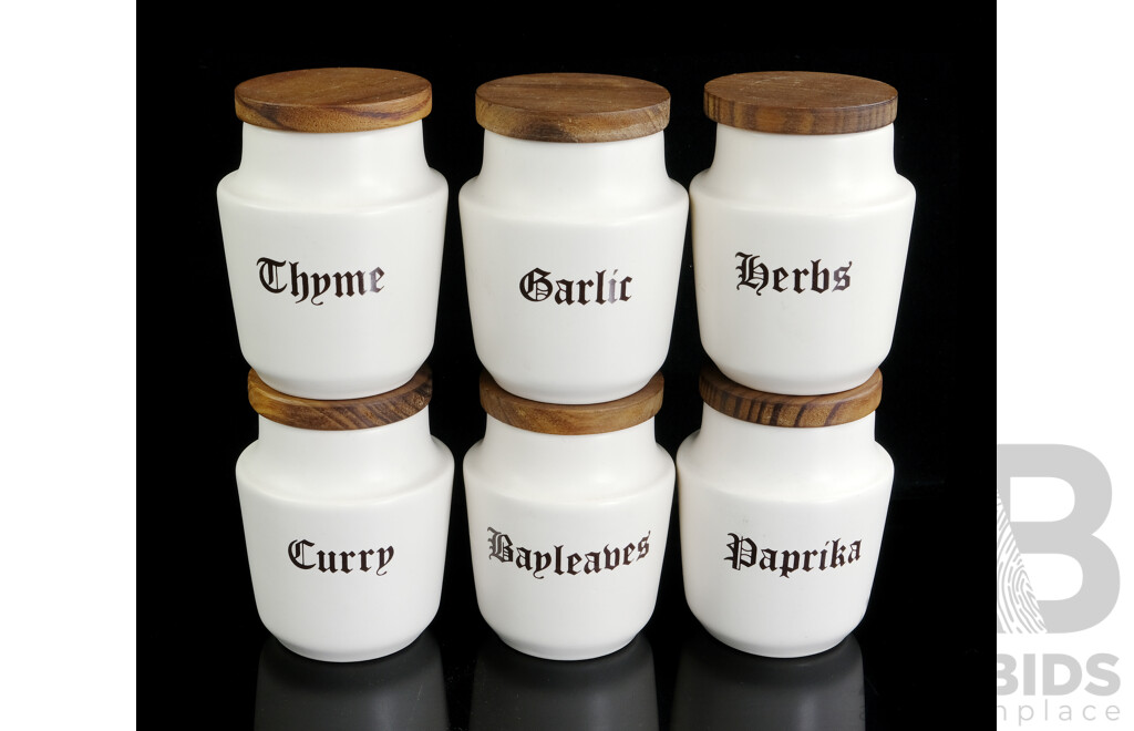 Set Six Rtero Fiana Ceramic Canisters with Wooden Lids, Marks to Base