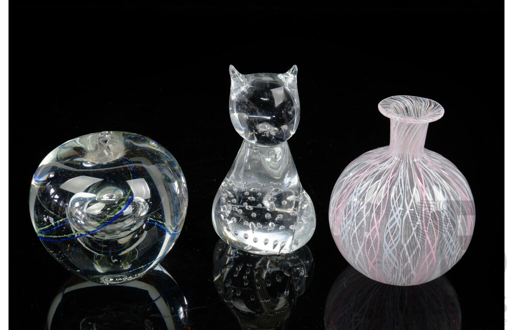 Three Art Glass Pieces Comprising Paperweight, Cat Figurine and Perfume Bottle with Vertical Twist Detail