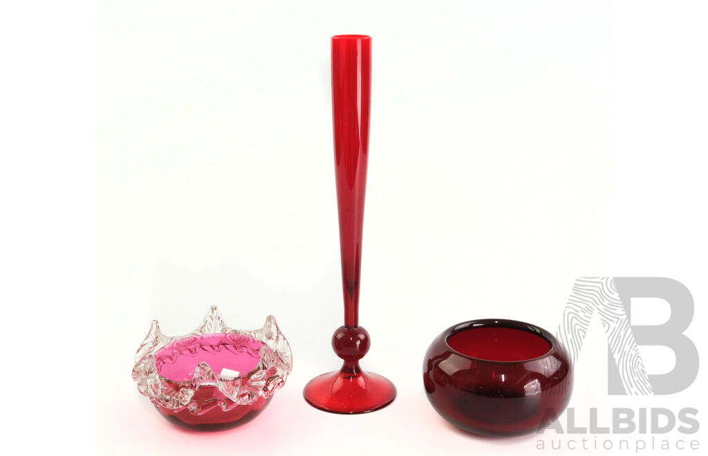 Three Antique and Vintage Ruby & Cranberry Glass Pieces Including Victorian Cranberry Glass Rigaree Bowl and More