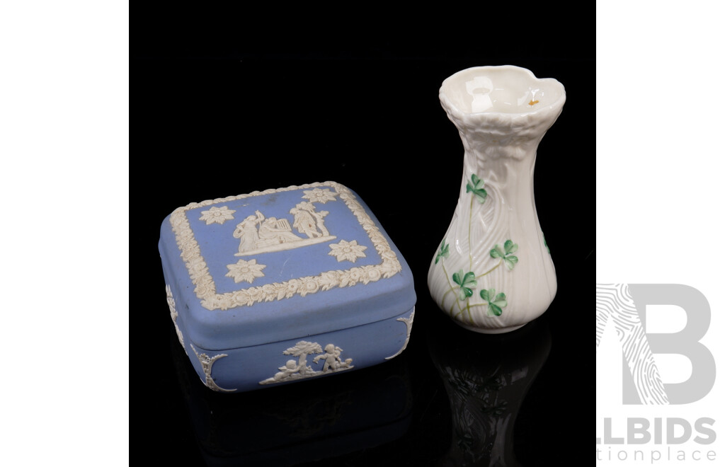 Vintage Irish Belleek Porcelain Clover Vase Along with a Wedgwood Jasper Ware Lidded Square Form Box