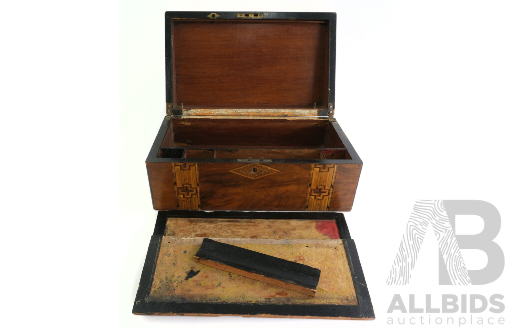 Large Antique Victorian Tunbridge Ware Marquetry Writing Box, for Restoration