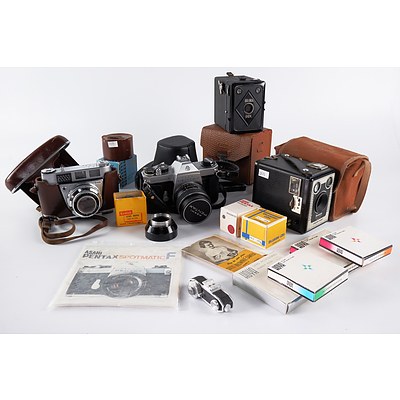 Asashi Pentax Spotmatic F, Kodak Retinette IIA, Kodak Brownie Six-20 Model D, Bolora Box Camera and Assorted Accessories
