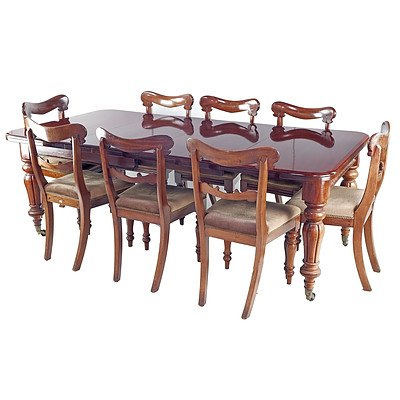 Victorian Mahogany Two Leaf Extension Dining Table with Turned and Fluted Legs and a Set of Eight Matching Rail Back Chairs, Circa 1860-80
