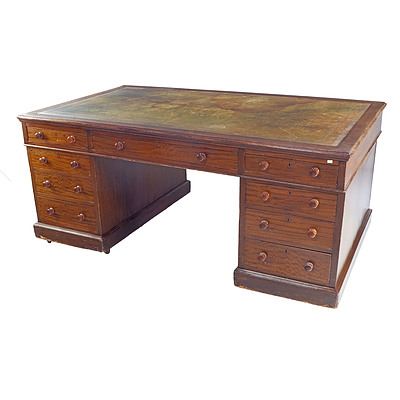 Large  Antique Mahogany Twin Pedestal Partners Desk with Patterned Leather Insert Top