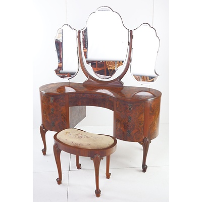Antique Style Dressing Table with Three Panel Wing Mirror Above and Matching Stool in Burr Walnut Veneer
