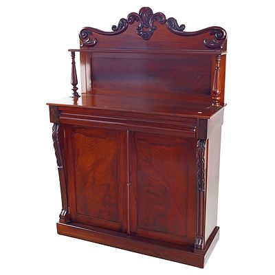 Victorian Mahogany Chiffonier with Foliate Scroll Carved Gallery Back and Fluted Column Supports, Circa 1880