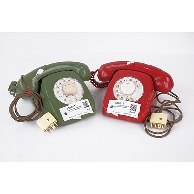 Two Retro Red and Green Rotary Dial Corded Telephones