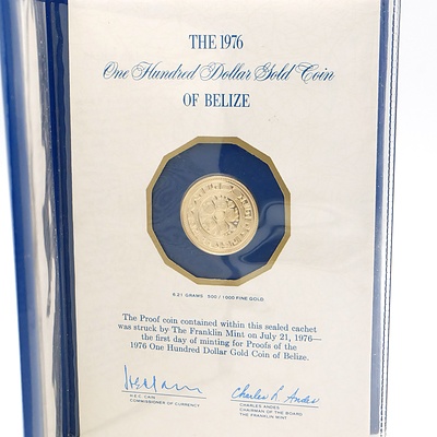 Franklin Mint 500/1000 Gold 1976 $100 Coin of Belize