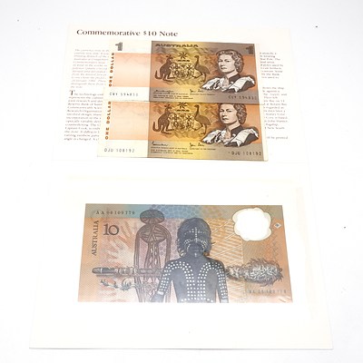 Australian 1988 Bicentennial $10 Note AA06109779, Knight/ Stone $1 Note CVY594850 and Johnston/Stone $1 Note DJU108192