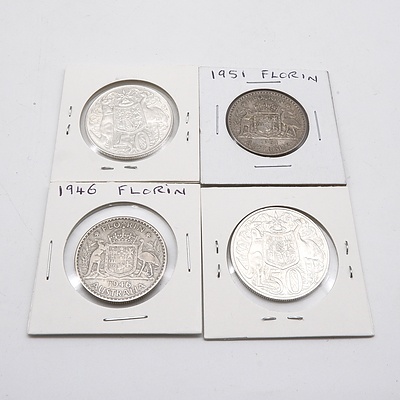 Two 1966 Round 50 Coins, 1946 Florin and 1951 Florin
