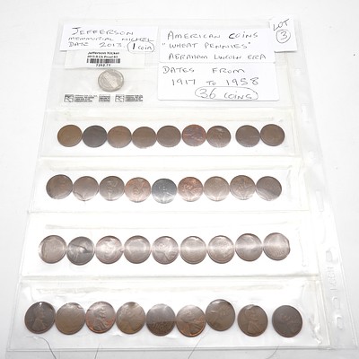 Collection of American Wheat Pennies, Various Dates from 1917 -1958, and American 2013 Jefferson Memorial 5c Coin