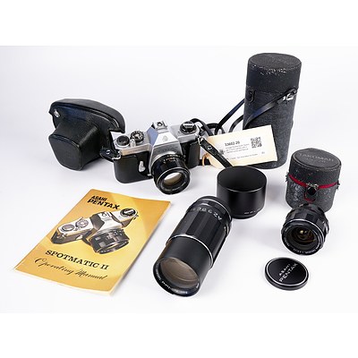 Vintage Pentax Asahi Spotmatic II SLR Camera with 2 Tamron Lenss and Manual