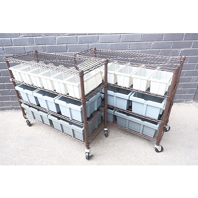 Two Mobile Storage Shelves with Fitted Plastic Shelves