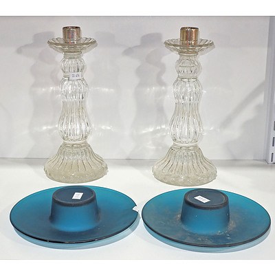 Pair of Decorative Glass Candle Sticks and Pair of Studio Glass Candle Holders