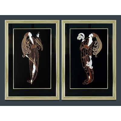 Pair of Art Deco Style Mirrors Each with Gilt and Black Decoration Depicting 1920s Flappers