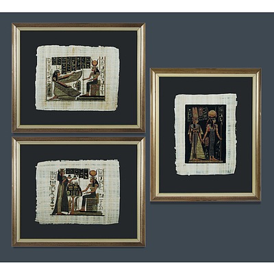 Three Egyptian Pharaonic Style Framed Paintings on Hand-Made Papyrus