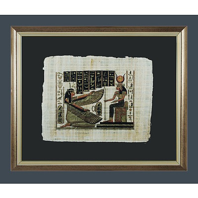 Three Egyptian Pharaonic Style Framed Paintings on Hand-Made Papyrus