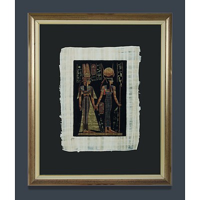 Three Egyptian Pharaonic Style Framed Paintings on Hand-Made Papyrus