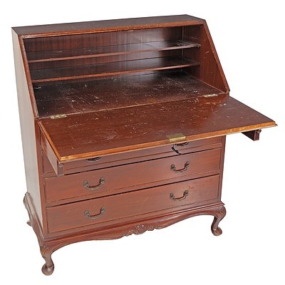 Vintage Chippendale Style Bureau Desk with Fitted Interior and Carved Cabriole Legs Circa 1960s
