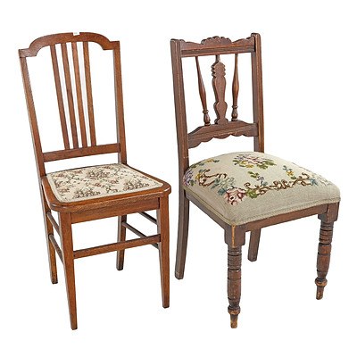 Two Antique Side Chairs with Tapestry Upholstered Seats - One Oak, One Edwardian