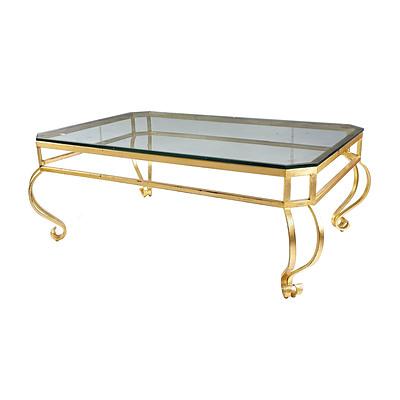 Vintage Gold Painted Wrought Iron Framed Coffee Table with Heavy Glass Top