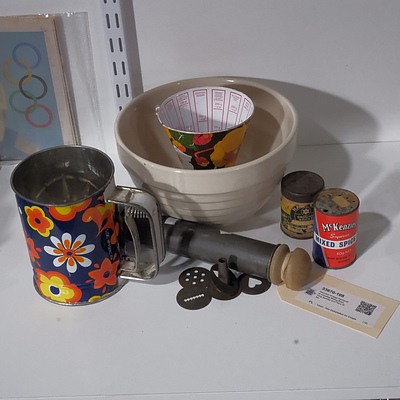 Assorted Vintage Kitchenalia including Mixing Bowl, Icing Syringe and Flour Sifter