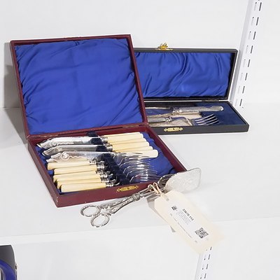 Vintage Cased Set of Bone Handled Silverplate Fish Cutlery, Cased Two Piece carving Set and EPNS Cake Server
