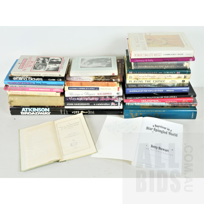Quantity of Approximately 28 Books Relating to The Theatre in Australia Including Rare The Story of the Royal Hotel & Theatre Royal Sydney by CH Bertie, 1927, Signed Edition of a Survivor in a Star Spangled World by Betty Stewart and More