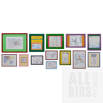 Quantity of 13 Framed Subway Railway Maps Including Brussels, Tehran and More