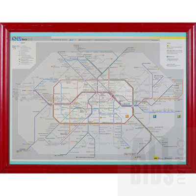 Quantity Five Framed Subway Railway Maps Including Berlin, Paris and More