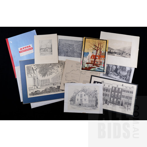 A Folio of Unframed Vintage Prints, Maps and Engravings, Mostly Architectural Subjects, Largest 38 x 48 cm