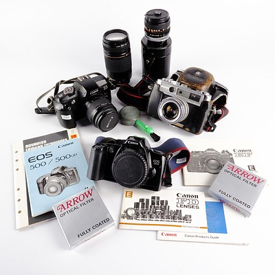 Canon EOS 500, EOS 5000 and Yashica Lynx 5000 Cameras and Canon 75-300 mm and Fd 28 mm Lenses and Accessories