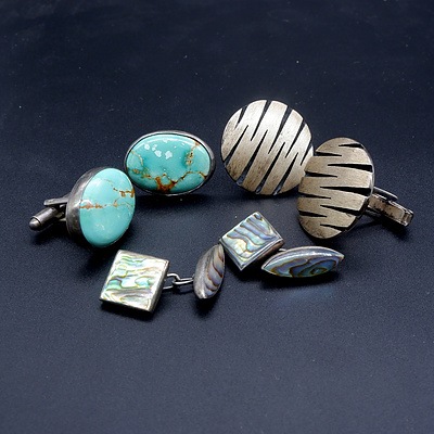 Three Pairs of Sterling Silver Cuff Links, Turquoise and Paua Shell