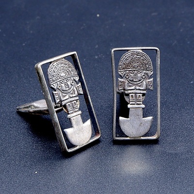 Pair of Sterling Silver Aztec Cufflinks