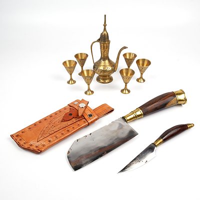 Vintage Two Knife Set in Leather Sheath and a Turkish 7 Piece Miniature Coffee Set
