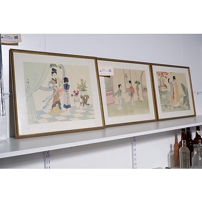Set of Three Framed Vintage Japanese Artworks on Linen (3)