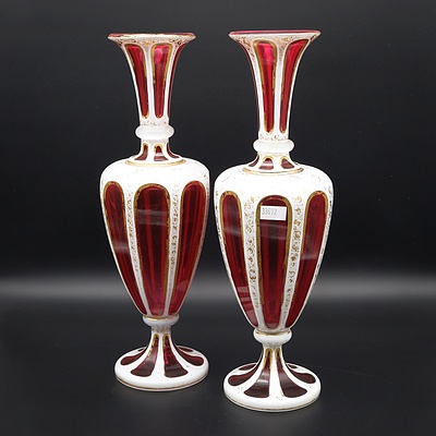 Pair of Antique Bohemian Cut Ruby and Milk Glass Overlay Vases with Gilt Decoration, Late 19th Century