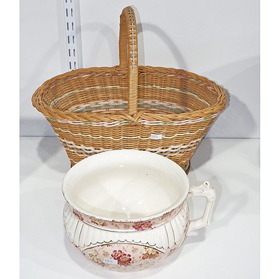 Vintage Wicker Basket and Staffordshire Chamber Pot