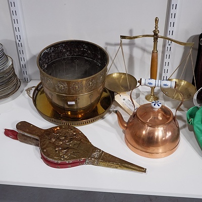 Vintage Brass Drinks Tray, Planter, Copper Kettle, Bellows and Scales