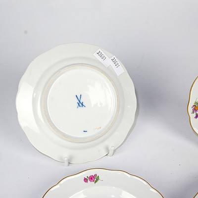 Six Meissen Hand Painted Botanical Dishes with Gilded Scalloped Rims