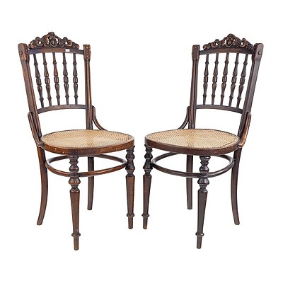 Pair of Antique Austrian Spindleback Bentwood Side Chairs with Caned Seats, Labelled Fishel