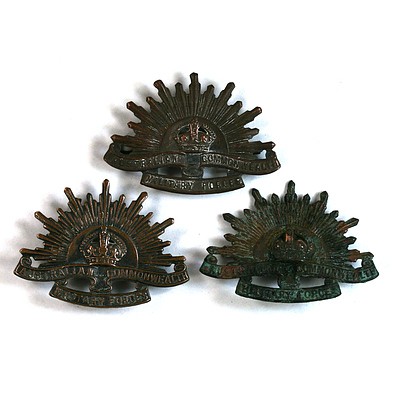 3x Australian Commonwealth Military Forces Rising Sun Hat Badges