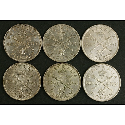 Australia 1951 Silver Florin Coins 50 Years of Federation (x6)