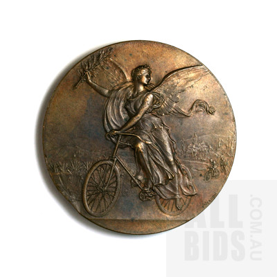 c1900 French High Relief Cycling Medal by F. Vernon - Winged Victory