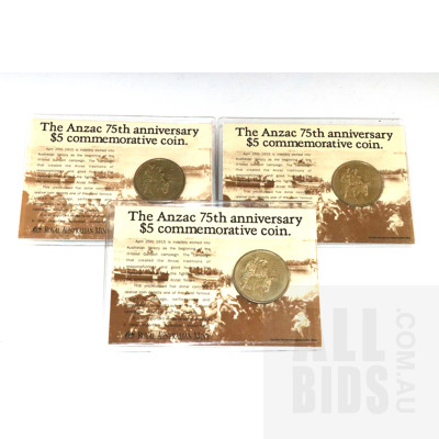 3x 1990 $5 Coins - ANZAC 75th Anniv
